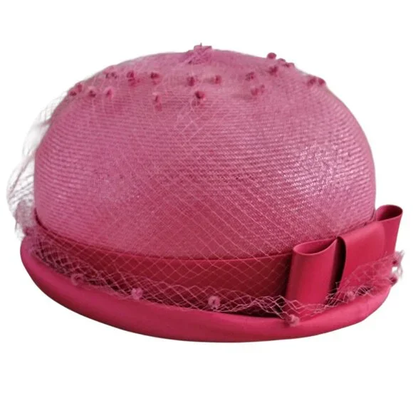VTG Mid Century Pink Pillbox Derby Hat with Swiss Dot Netting and Bow 1950s